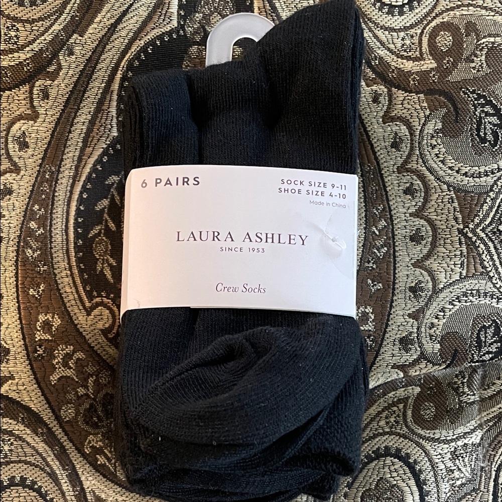 NWT Laura Ashley Black Crew Socks. 6 pairs